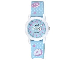 Q&Q V22A-002VY - Horloge - Polshorloge - Sport - Analoog - Kinderen - Unisex - Plastic band - Rond - Kunststof - Cijfers - Stippen - Donuts - LichtBlauw - Wit - Roze - 10 ATM