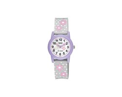 Q&Q V22A-004VY - Horloge - Sport - Analoog - Kinderen - Unisex - Plastic band - Rond - Kunststof - Cijfers - Bloemen - Stippen - Konijn - Paars - Grijs - Wit - Roze - 10 ATM