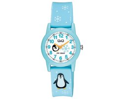 Q&Q V22A-006VY - Horloge - Sport - Analoog - Kinderen - Unisex - Plastic band - Rond - Kunststof - Cijfers - Sneeuwvlokken - Pinguïn - Lichtblauw - Turkoois Groen - Wit - 10 ATM