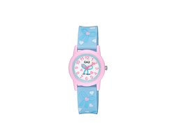 Q&Q V22A-008VY - Horloge - Sport - Analoog - Kinderen - Unisex - Plastic band - Rond - Kunststof - Cijfers - Liefde - Harten - Paars - Lichtblauw - Roze - Wit - 10 ATM