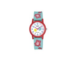 Q&Q V23A-003VY - Horloge - Sport - Analoog - Kinderen - Unisex - Plastic band - Rond - Kunststof - Cijfers - Knuffelbeer - Turkoois - Rood - Wit - 10 ATM