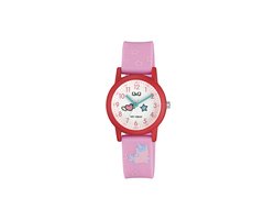 Q&Q V23A-008VY - Horloge - Sport - Analoog - Kinderen - Unisex - Plastic band - Rond - Kunststof - Cijfers - Eenhoorn - Sterretjes - Roze - Rood - Turkoois - Wit - 10 ATM