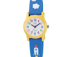 Q&Q VR99J003Y - Horloge - Sport - Analoog - Kinderen - Unisex - Plastic band - Rond - Kunststof - Cijfers - Raket - Wolk - Blauw - Geel - Wit - Multi - 10 ATM