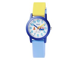 Q&Q VS49J010Y - Horloge - Analoog - Kinderen - Unisex - Plastic band - Rond - Cijfers - Kunststof - Sport - Lichtblauw - Geel - Blauw - Wit - 10 ATM