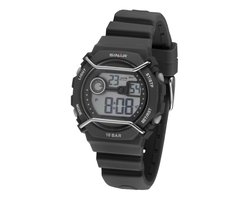 Sinar Horloge - Digitaal - Kind / Jeugd - Zwart - Details in Grijs - 10 Bar Waterdicht - Ø 40 mm - Verstelbaar Bandje (14-19,5 cm) - Alarm - Stopwatch - Timer - Quartz - XE69-1