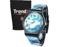 Stoer Kinderhorloge met Leger / Camouflage Print in de Kleur Blauw Blauw
