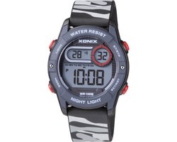 Xonix BAZ-A07 - Horloge - Polshorloge - Digitaal - Kinderen - Unisex - Rond - Siliconen band - ABS/Kunst - Achtergrondverlichting - Alarm - Start/Stop - Tweede tijdzone - Datumaanduiding - Waterdicht - Zwart/Grijs camouflage