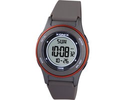 Xonix BBH-005 - Horloge - Digitaal - Kinderen - Jongen - Rond - Siliconen band - ABS - Cijfers - Achtergrondverlichting - Alarm - Start-Stop - Chronograaf - Tweede tijdzone - 12/24 - Waterdicht - Bruin/Grijs - Oranje - 10ATM