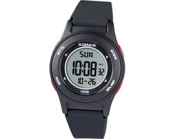 Xonix BBH-007A - Horloge - Digitaal - Kinderen - Jongen - Rond - Siliconen band - ABS - Cijfers - Achtergrondverlichting - Alarm - Start-Stop - Chronograaf - Tweede tijdzone - 12/24 - Waterdicht - Zwart - Rood - 10ATM