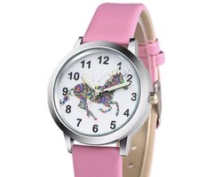12Getit Kinder horloge roze met paarden afbeelding en leer bandje