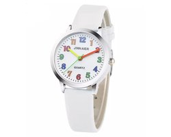 12Getit Meisjes horloge wit met gekleurde cijfers en leer bandje