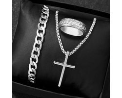 3-delige Zilveren Sieraden set - Hip Hop Stijl - Roestvrijstaal - Ketting, Armband & Ring met Kruis - Stoere Accessoires - Zilverkleurig RVS - Perfect voor Streetwear, School & Festivals - Christelijke Sieraden