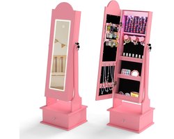 Afsluitbare 2-in-1 Sieradenkast voor Kinderen met Kantelbare Spiegel, 3 Gekleurde Full-Body Spiegels, LED-Verlichting en Opberglade