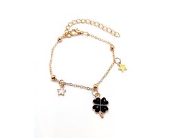 Armband Meisje- Geluk- Armband Klaver- Meisjes armbandje met klavertje- Armband Ster- Bedelarmband- Goudkleurig- Kinderarmband Zwart- Kind-LiLaLove