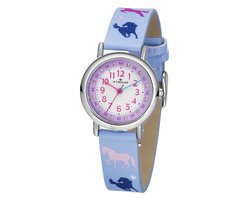 ATRIUM Horloge Kind - Kinderhorloge Meisje - Lila - Paarden - Kristal Steentjes - Analoog - 3 bar Waterdicht - Leercijferblad - Leren - Verstelbaar Bandje 14,3-18,5cm - Duidelijk - A47-12