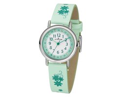 ATRIUM Horloge Kind - Kinderhorloge Meisje - Mintgroen - Groene Bloemen - Kristal Steentjes - Analoog - 3 bar Waterdicht - Leercijferblad - Leren - Verstelbaar Bandje 14,3-18,5cm - Duidelijk - A47-13