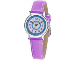 ATRIUM Horloge Kind - Kinderhorloge Meisje - Paars met Blauwe Accenten - 5 bar Waterdicht - Leercijferblad - Leren - Verstelbaar Bandje 14,5 -19 cm - Duidelik - Quartz Uurwerk - Edelstalen Sluiting - A31-108