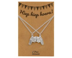 BFF Ketting voor 2 'Hiep Hiep Hoera' - Controller - Vriendschapsketting op Cadeau Kaartje - 45cm + 5cm verstelbaar - Zilverkleurig - Verjaardags Hanger - Pax Amare