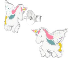 Fako Bijoux® - Kinderoorbellen - 925 Zilver - Eenhoorn - Unicorn - 9x11mm - Wit Glitter