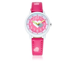 Horloge Meisjes - Horloge Hartjes – Leren Bandje – Donker Roze