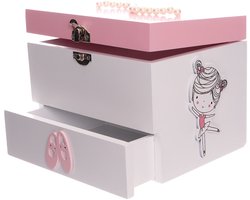 Houten Juwelenkistje voor Meisjes – Ballerina & Balletschoentjes – Sieradendoos met Lade – Roze/Wit – 15x15x19 cm
