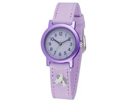 JACQUES FAREL ECO - Horloge Kind - Kinderhorloge - Meisje - Paard - Lila - Zilverkleurig - Analoog - 3 bar - CO2-neutraal - Bio-katoen - Ø 27 mm - Verstelbaar Bandje (13,5-17,5cm) - Duidelijk - ORG8820