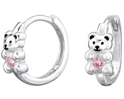 Joy|S - Zilveren beer oorbellen - oorringen - beertje met roze zirkonia - klap scharnier - 12 mm - sterling zilver 925