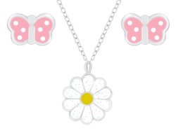 Joy|S - Zilveren bloem hanger met ketting en vlinder oorbellen set - voor kinderen