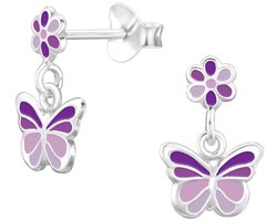 Joy|S - Zilveren bloem met vlinder bedel oorbellen - 8 x 12 mm - paars lila zilver - kinderoorbellen