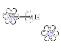 Joy|S - Zilveren bloem oorbellen - 6 mm - bloemetjes met paars / lila kristal - oorknopjes - sterling zilver 925