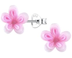Joy|S - Zilveren bloem oorbellen - 9 mm - roze wit bloemetje - kinderoorbellen - sterling zilver 925 icm hars
