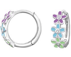 Joy|S - Zilveren bloem oorringen - daisy madeliefjes oorbellen paars blauw groen - klap scharnier - 11 mm / 4.4 mm - zirkonia - sterling zilver 925 - kinderoorbellen