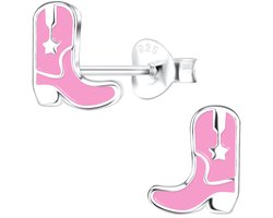 Joy|S - Zilveren cowboy laarzen oorbellen - 7 x 8 mm - roze boots