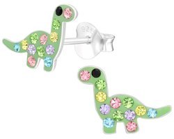 Joy|S - Zilveren dino oorbellen - groen met kristal multicolor - 10 x 8 mm - dinosaurus