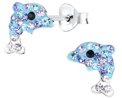 Joy|S - Zilveren Dolfijn oorbellen - 6 x 9 mm - blauw met wit kristal