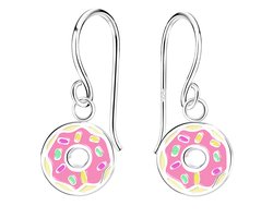 Joy|S - Zilveren donut bedel oorbellen - roze zilver - oorhangers - kinderoorbellen