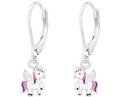 Joy|S - Zilveren eenhoorn bedel oorbellen - leverback sluiting - unicorn met vleugeltjes - kinderoorbellen
