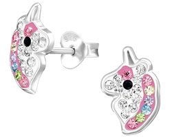 Joy|S - Zilveren eenhoorn oorbellen - roze met verschillende kleurtjes kristal - 7.5 x 11 mm - unicorn oorknoppen - kinderoorbellen