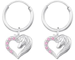 Joy|S - Zilveren eenhoorn paard bedel oorbellen - hartje met roze zirkonia - oorringen - kinderoorbellen