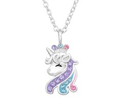 Joy|S - Zilveren eenhoorn paard hanger - kristal - unicorn - inclusief ketting 39 cm (extra oogje bij 36 cm) - zilver met roze paars en blauw