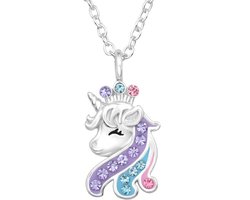 Joy|S - Zilveren eenhoorn paard hanger - kristal - unicorn - inclusief ketting 45 cm - zilver met roze paars en blauw