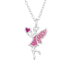 Joy|S - Zilveren fee / elfje hanger - hartje - fairy - inclusief ketting 39 cm (extra oogje bij 36 cm) - zilver met roze en roze kristal