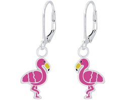 Joy|S - Zilveren flamingo oorbellen - roze vogel - leverback sluiting