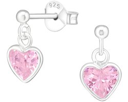 Joy|S - Zilveren hartje bedel oorbellen - roze zirkonia - kinderoorbellen