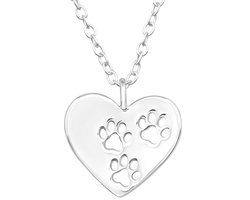 Joy|S - Zilveren hartje hanger met dierenpootjes - inclusief ketting 39 cm met extra oogje op 36 cm - kat hond poot afdruk - voor kinderen