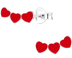 Joy|S - Zilveren hartje oorbellen - 3 rode hartjes - 10 x 5 mm