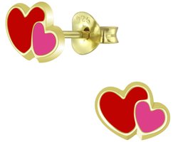 Joy|S - Zilveren hartje oorbellen - 9 x 6 mm - rood roze hartjes - gold plated