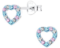 Joy|S - Zilveren hartje oorbellen - blauw met kristal multicolor - 6 x 7 mm - oorknoppen - kinderoorbellen