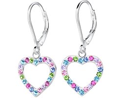 Joy|S - Zilveren hartje oorbellen - gekleurde kristalletjes - hartje: 15 x 14 mm - leverback sluiting