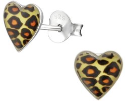 Joy|S - Zilveren hartje oorbellen - luipaard panter print - 7 x 6 mm - oorknoppen